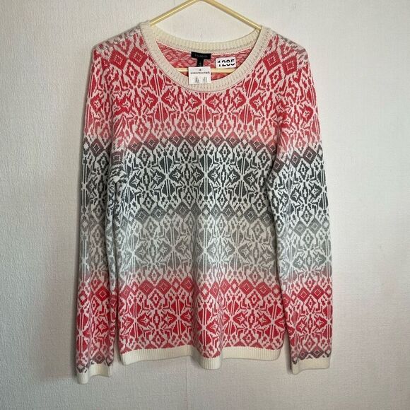 NEW Talbots Sweater size M Gray Coral‎ Fair Isle Lambs Wool Pullover Cozy Preppy - Picture 2 of 8